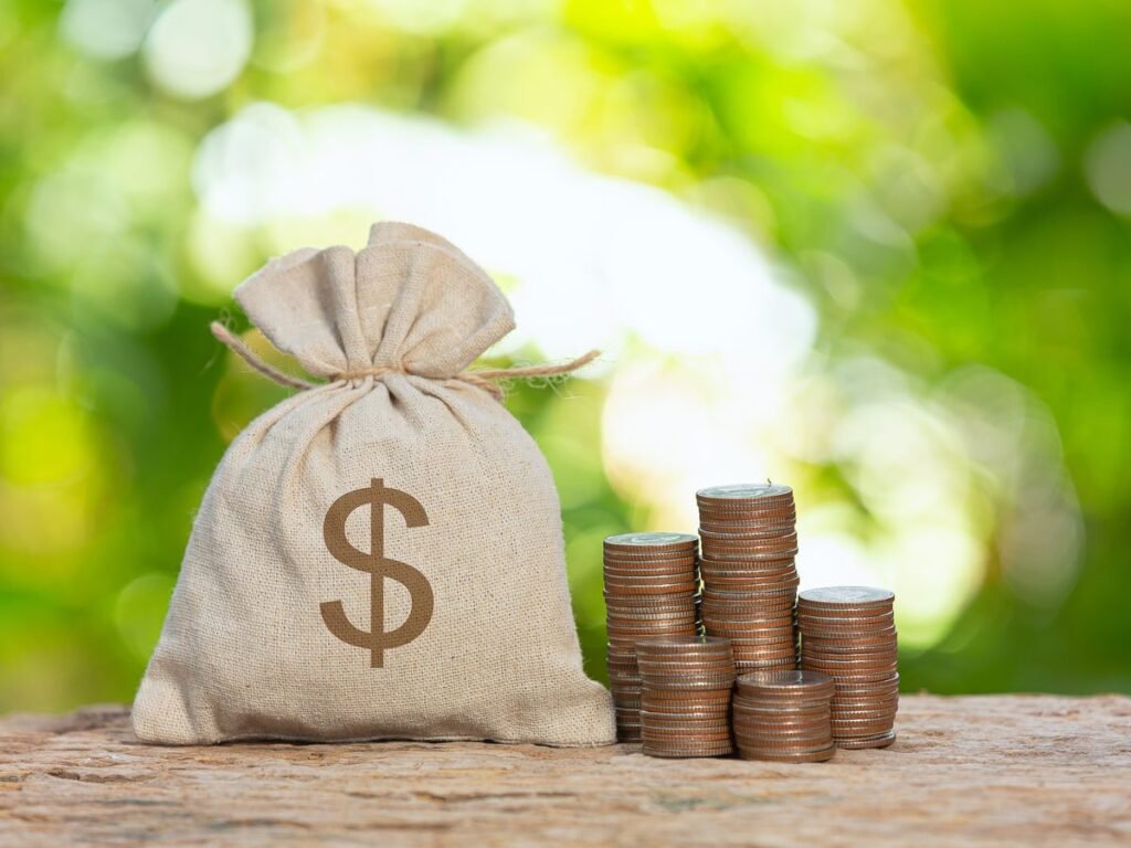 A savings pouch beside stacked coins, representing a growing Big Buck SACCO savings balance